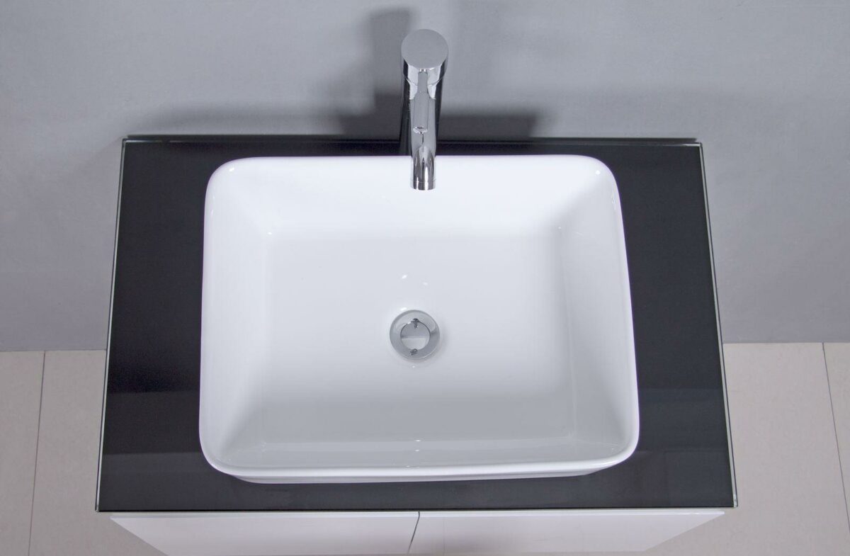 30" Lily White Wall Mount Bathroom Vanity with Black Tempered Glass Countertop & Ceramic Sink Cali - Image 7
