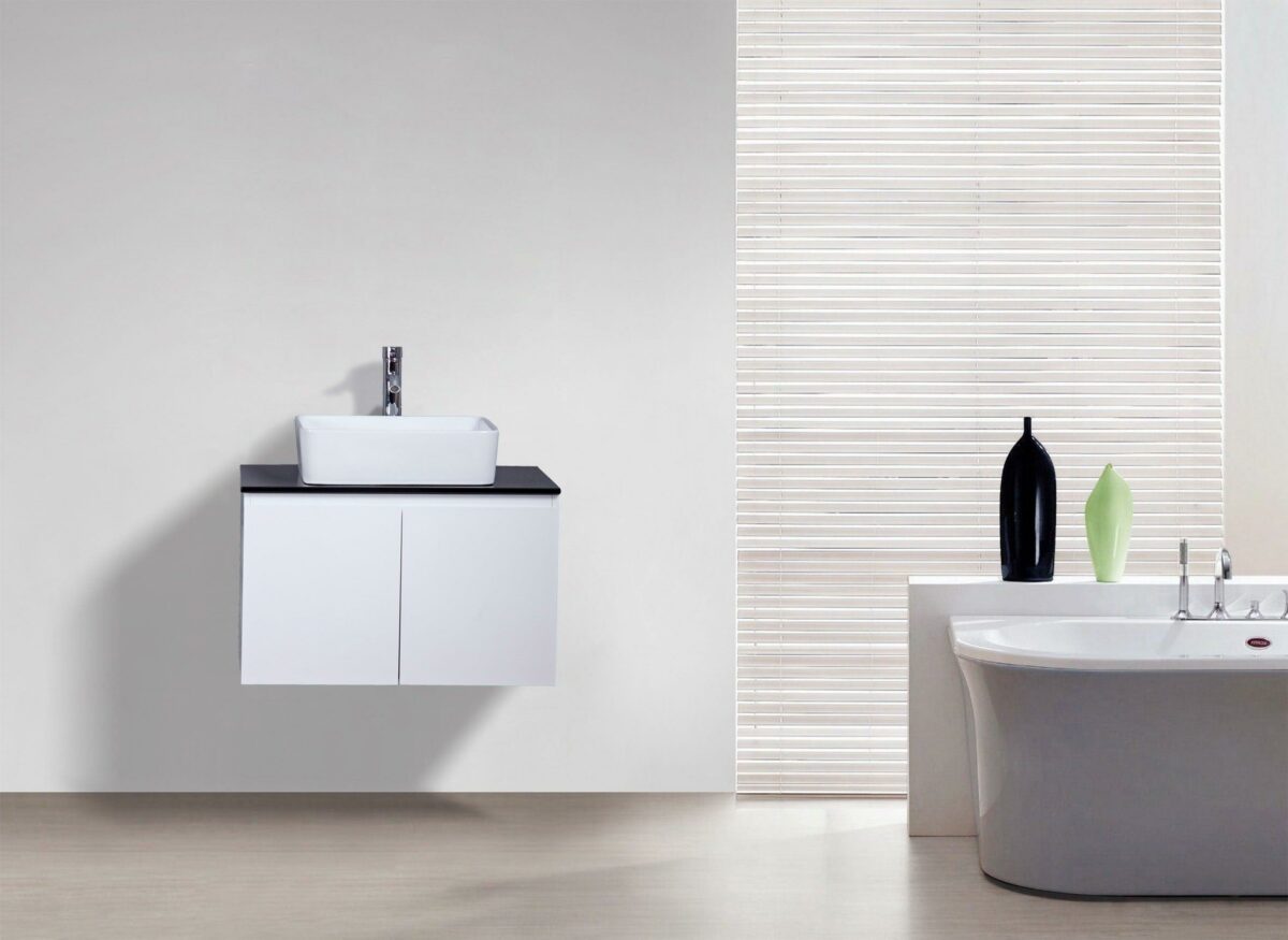 30" Lily White Wall Mount Bathroom Vanity with Black Tempered Glass Countertop & Ceramic Sink Cali - Image 2