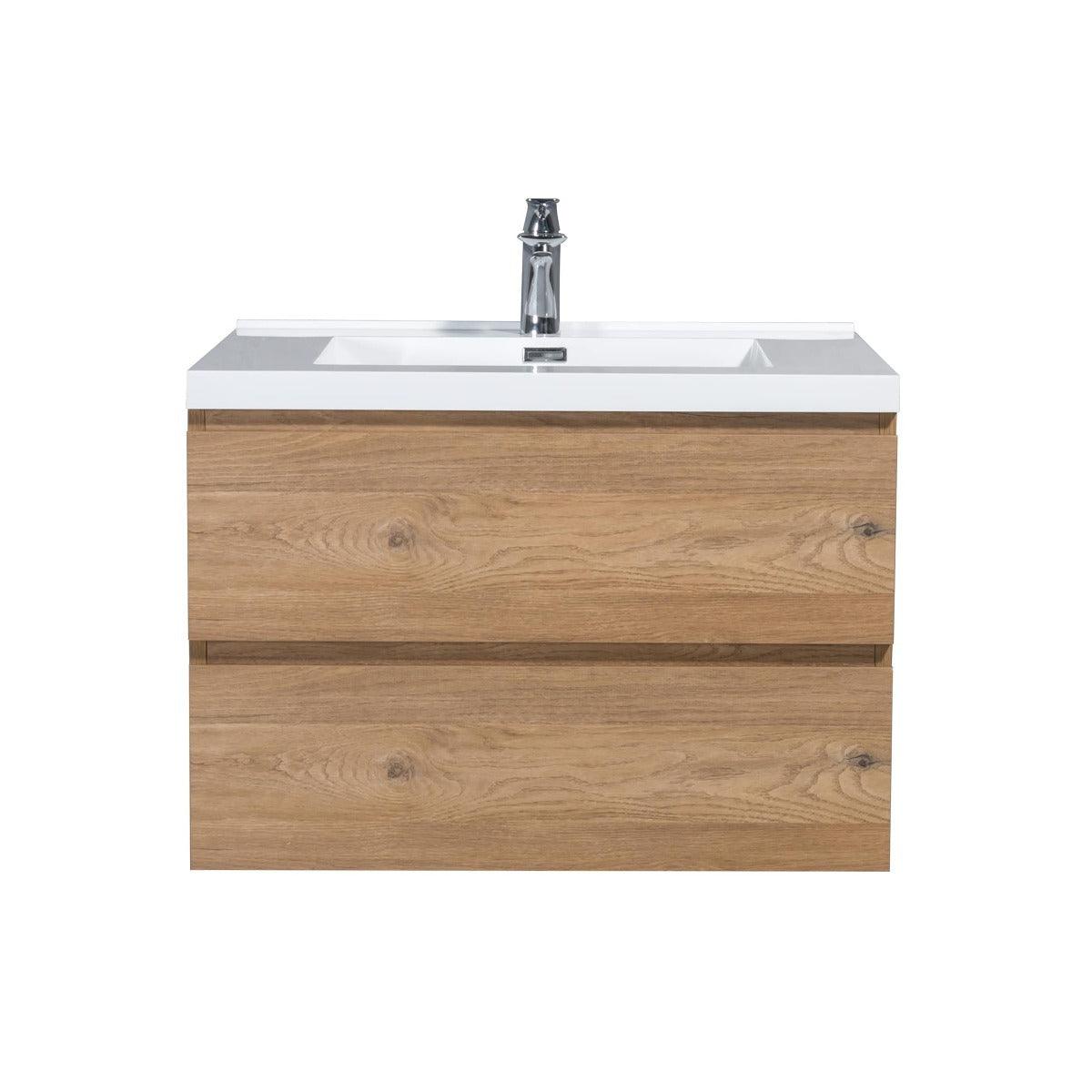 30" Rough Oak Wall Mount Bathroom Vanity with White Polymarble Countertop – Image 3