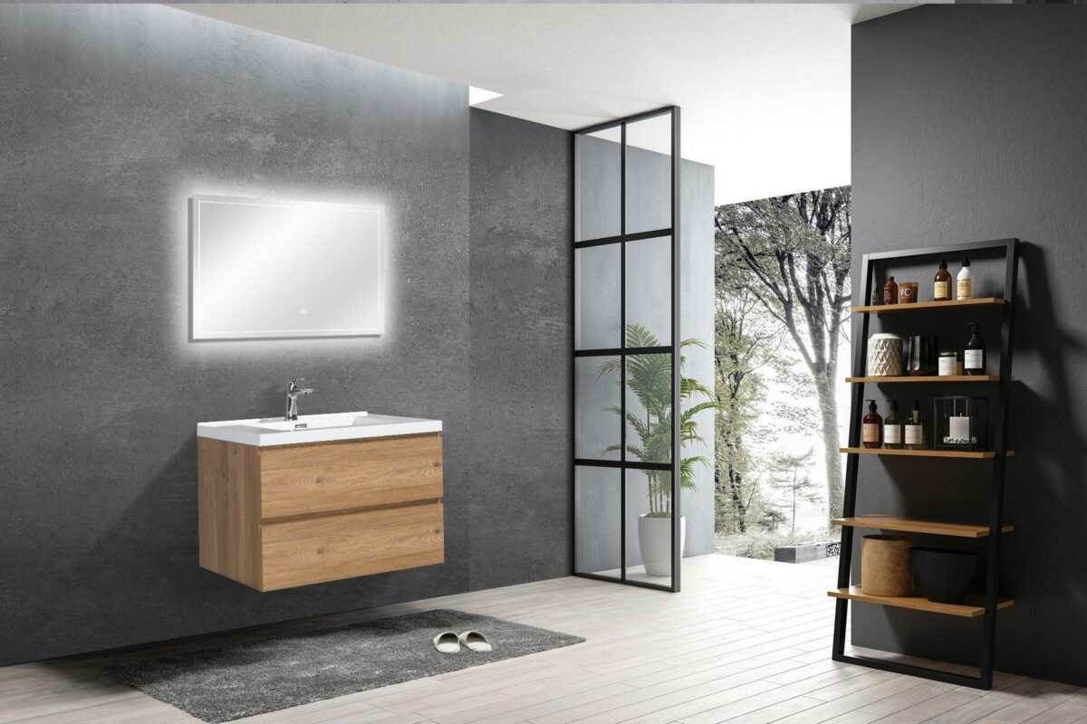 30" Rough Oak Wall Mount Bathroom Vanity with White Polymarble Countertop - Image 7