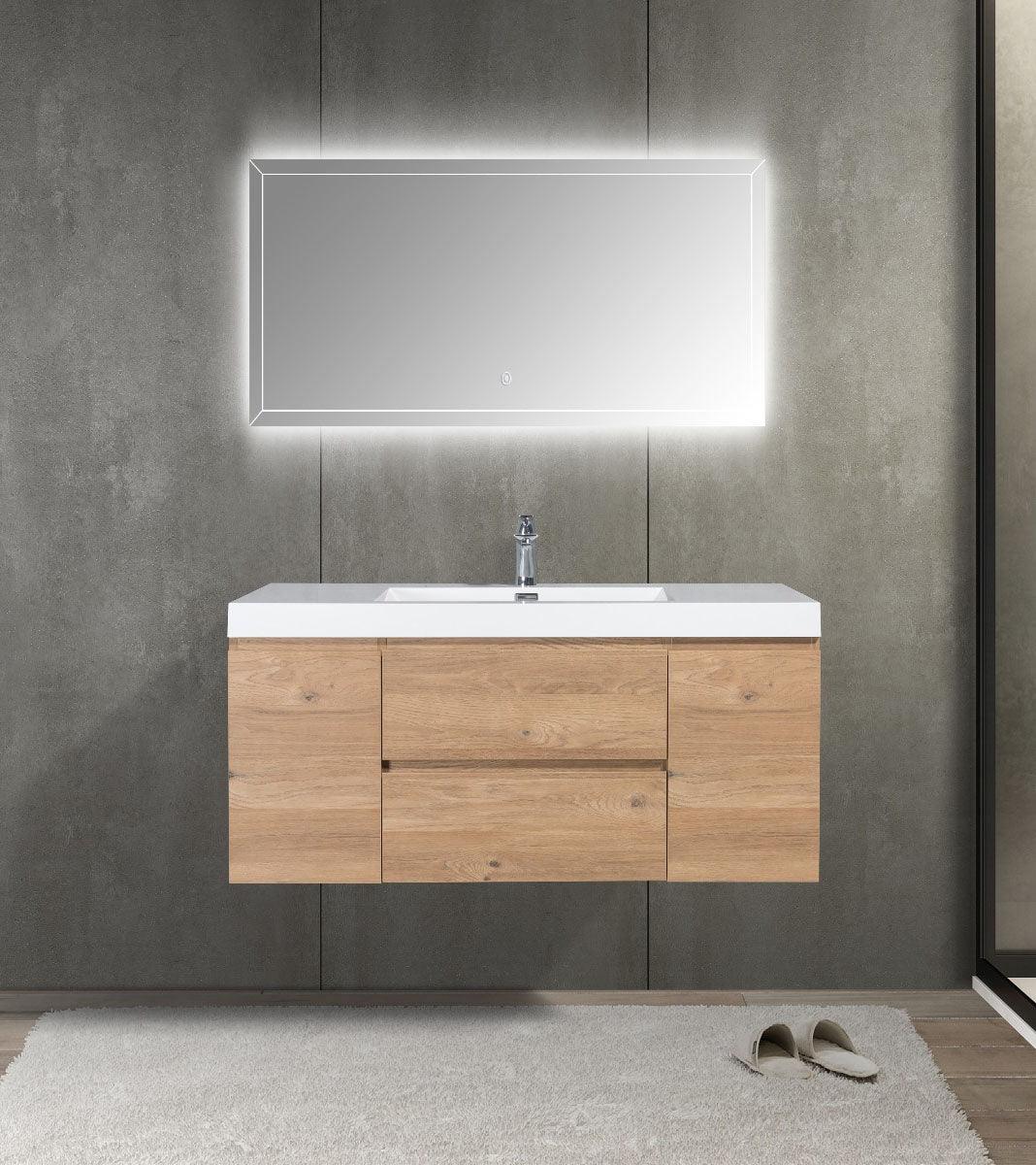 48" Rough Oak Wall Mount Single Sink Bathroom Vanity with White Polymarble Countertop – Image 1