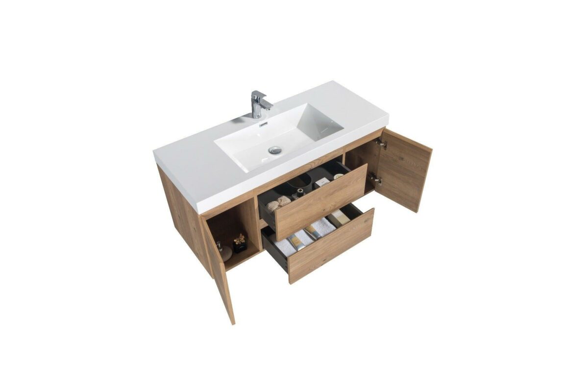 48" Rough Oak Wall Mount Single Sink Bathroom Vanity with White Polymarble Countertop - Image 4