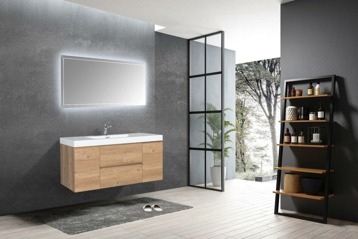 48" Rough Oak Wall Mount Single Sink Bathroom Vanity with White Polymarble Countertop - Image 7