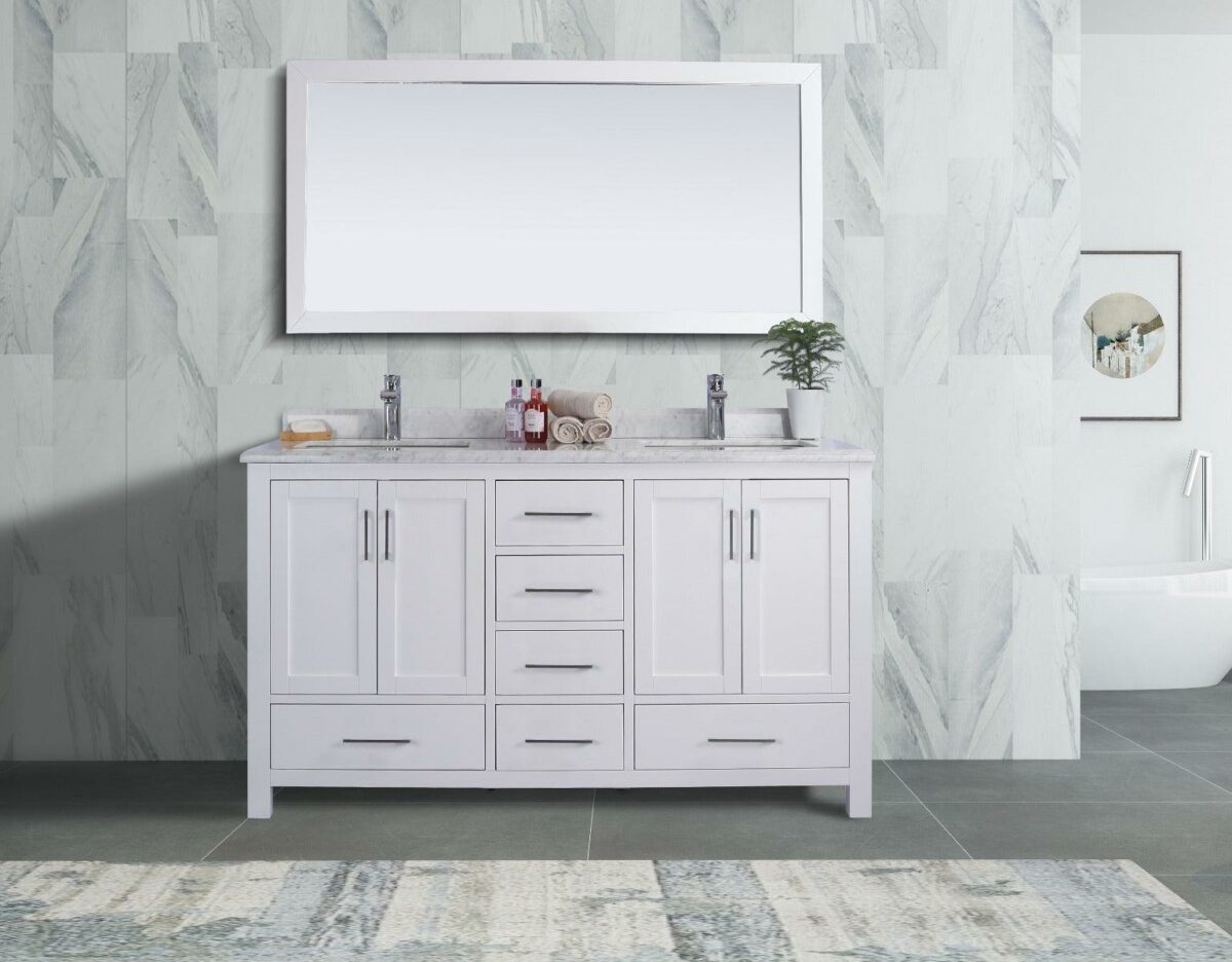 60" White Freestanding Double Sink Bathroom Vanity with Carrera Marble Countertop - Image 11