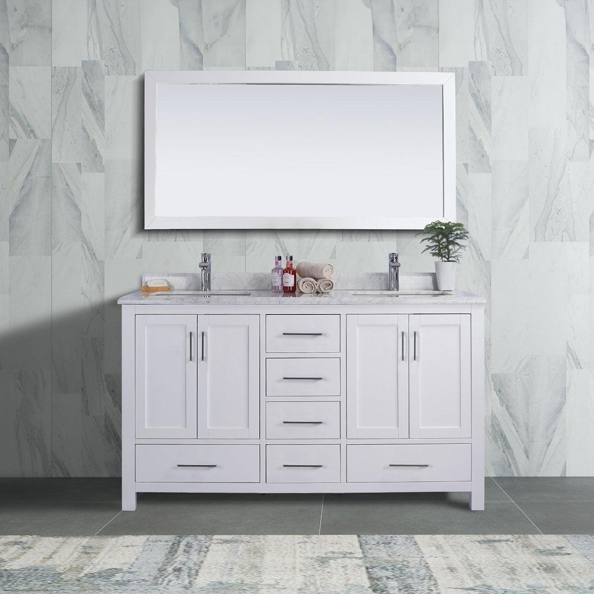 60" White Freestanding Double Sink Bathroom Vanity with Carrera Marble Countertop - Image 1