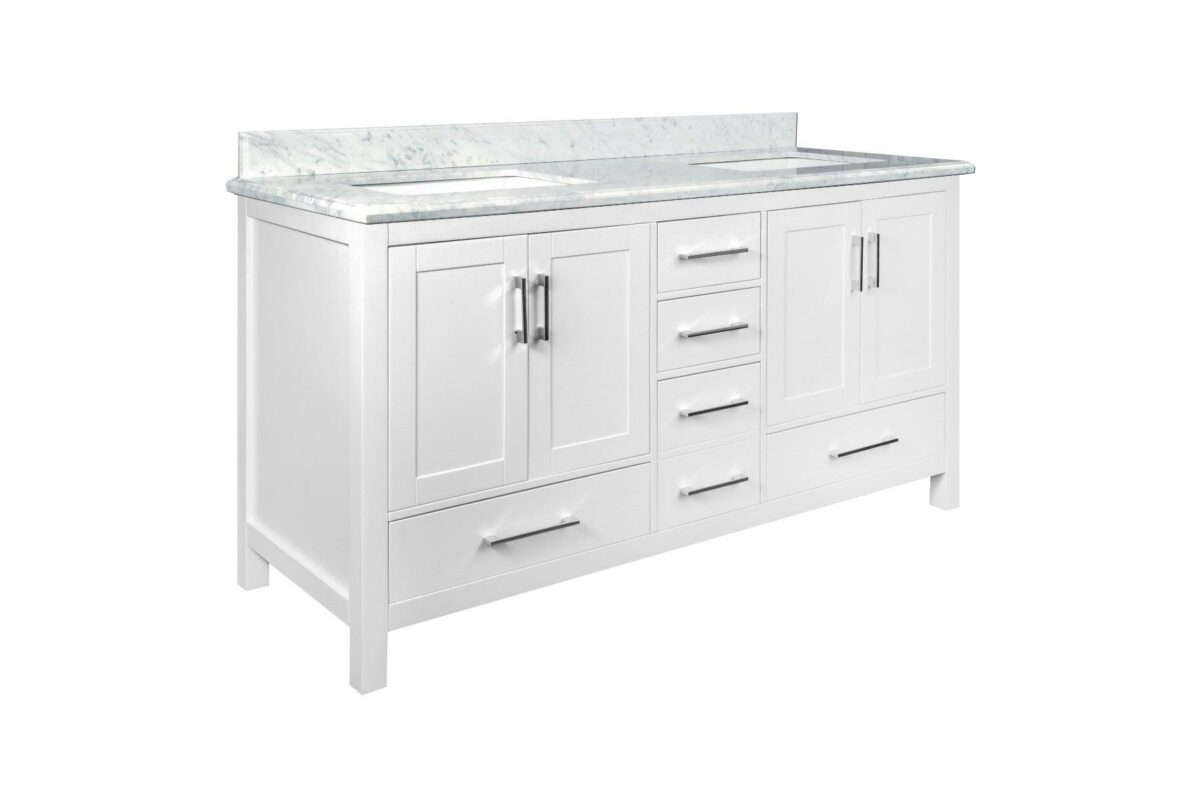 60" White Freestanding Double Sink Bathroom Vanity with Carrera Marble Countertop - Image 4
