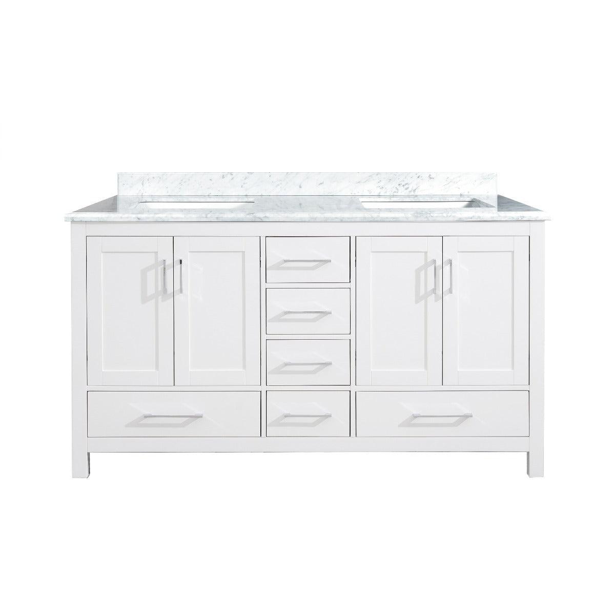 60" White Freestanding Double Sink Bathroom Vanity with Carrera Marble Countertop – Image 2