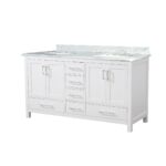 60" White Freestanding Double Sink Bathroom Vanity with Carrera Marble Countertop - Image 3