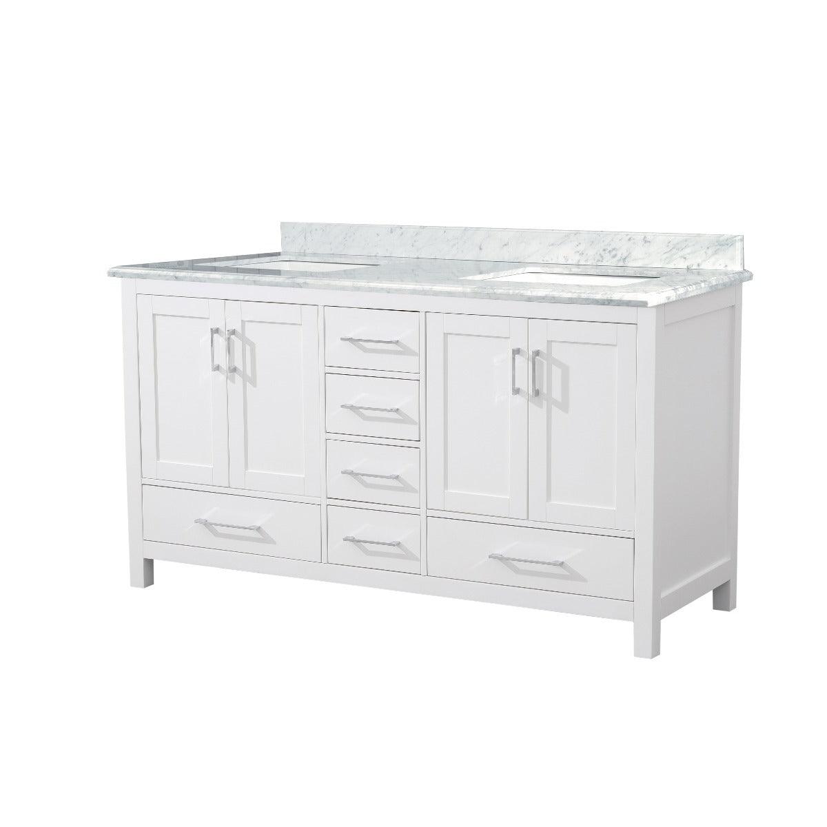 60" White Freestanding Double Sink Bathroom Vanity with Carrera Marble Countertop – Image 3