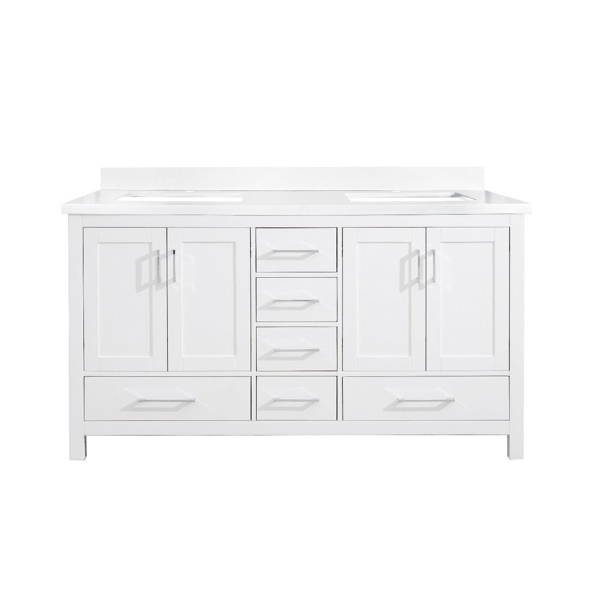 60" White Freestanding Double Sink Bathroom Vanity with White Quartz Countertop - Image 2