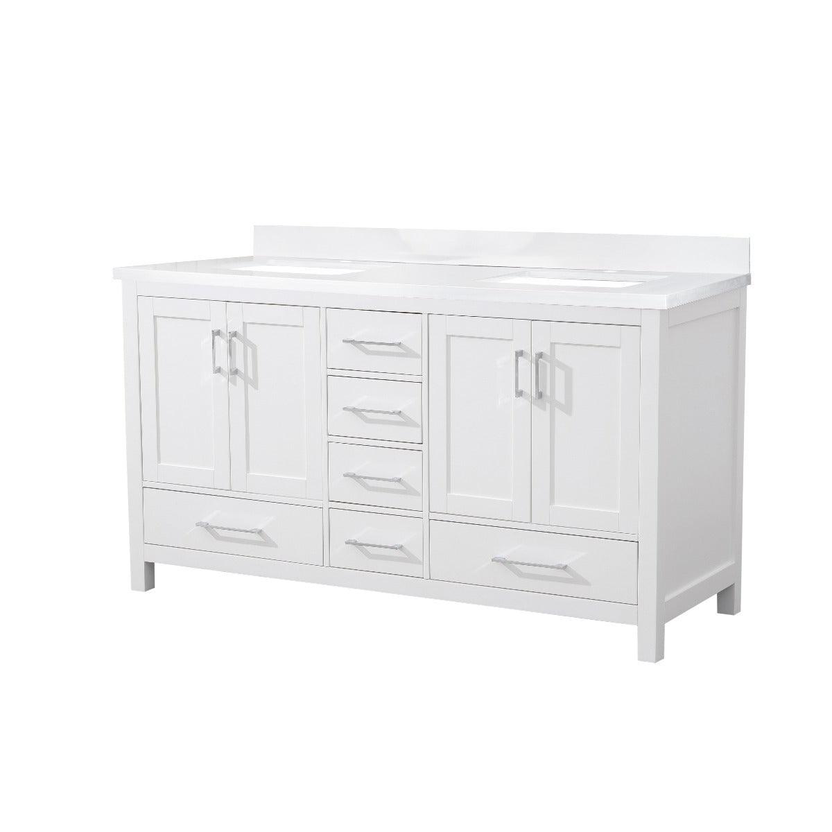 60" White Freestanding Double Sink Bathroom Vanity with White Quartz Countertop - Image 3