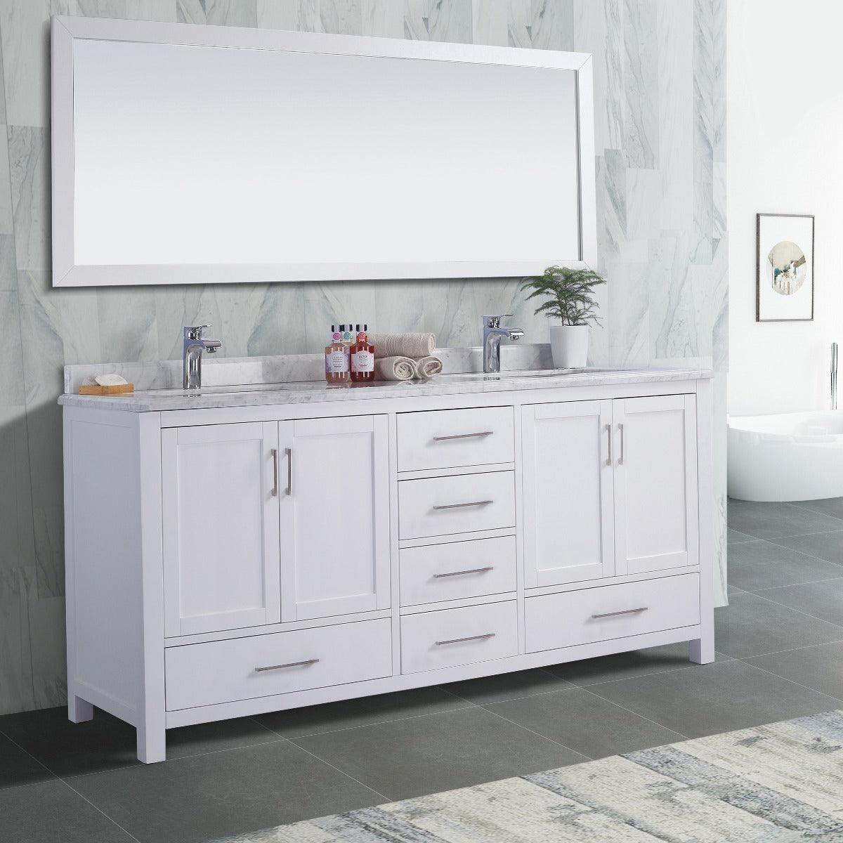 72" White Freestanding Double Sink Bathroom Vanity with Carrera Marble Countertop - Image 1