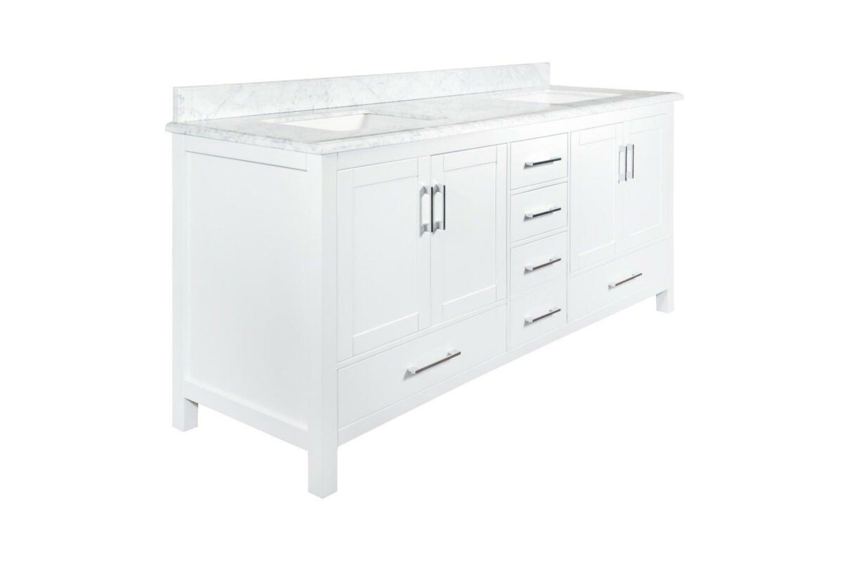72" White Freestanding Double Sink Bathroom Vanity with Carrera Marble Countertop - Image 3