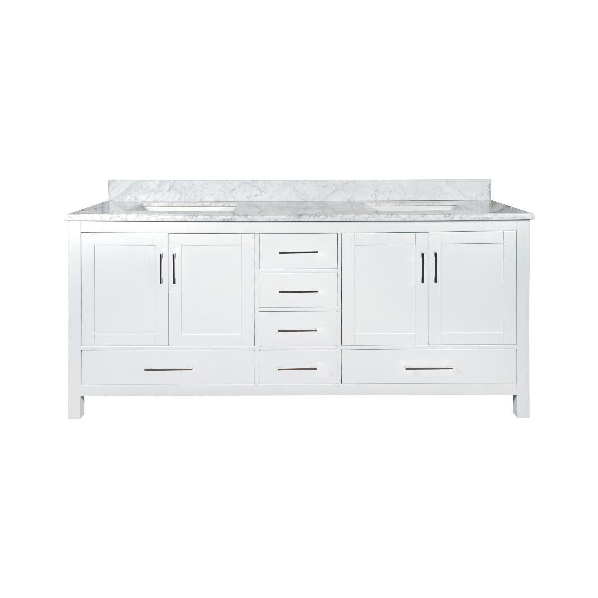 72" White Freestanding Double Sink Bathroom Vanity with Carrera Marble Countertop - Image 2
