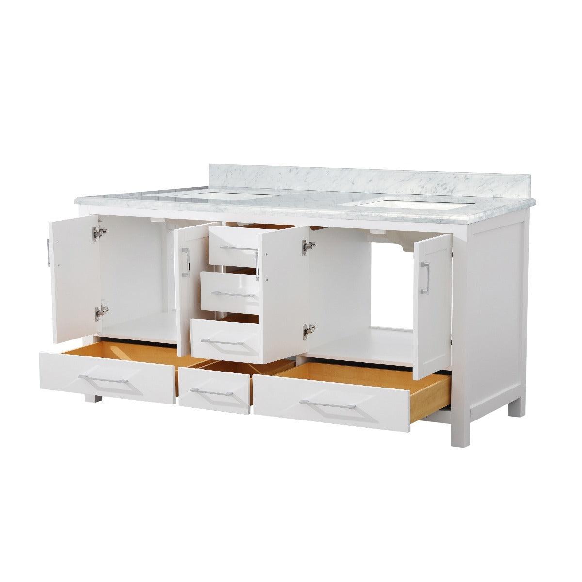 72" White Freestanding Double Sink Bathroom Vanity with Carrera Marble Countertop – Image 6