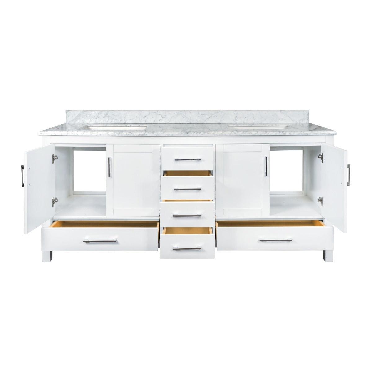 72" White Freestanding Double Sink Bathroom Vanity with Carrera Marble Countertop – Image 5