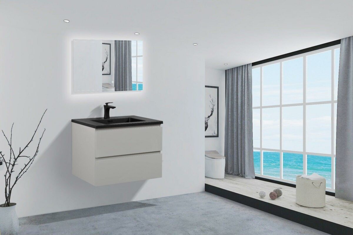 28" Grey Wall Mount Single Sink Bathroom Vanity with Black Engineered Quartz Countertop - Image 5