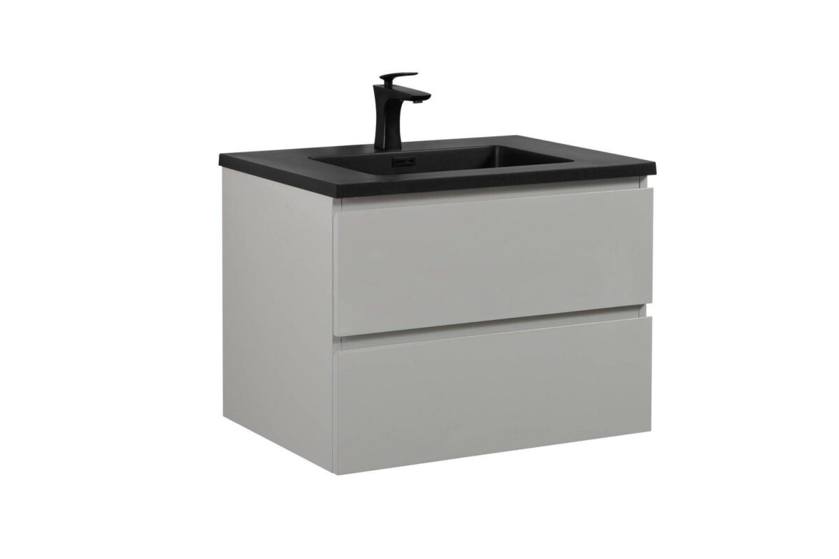 28" Grey Wall Mount Single Sink Bathroom Vanity with Black Engineered Quartz Countertop - Image 2