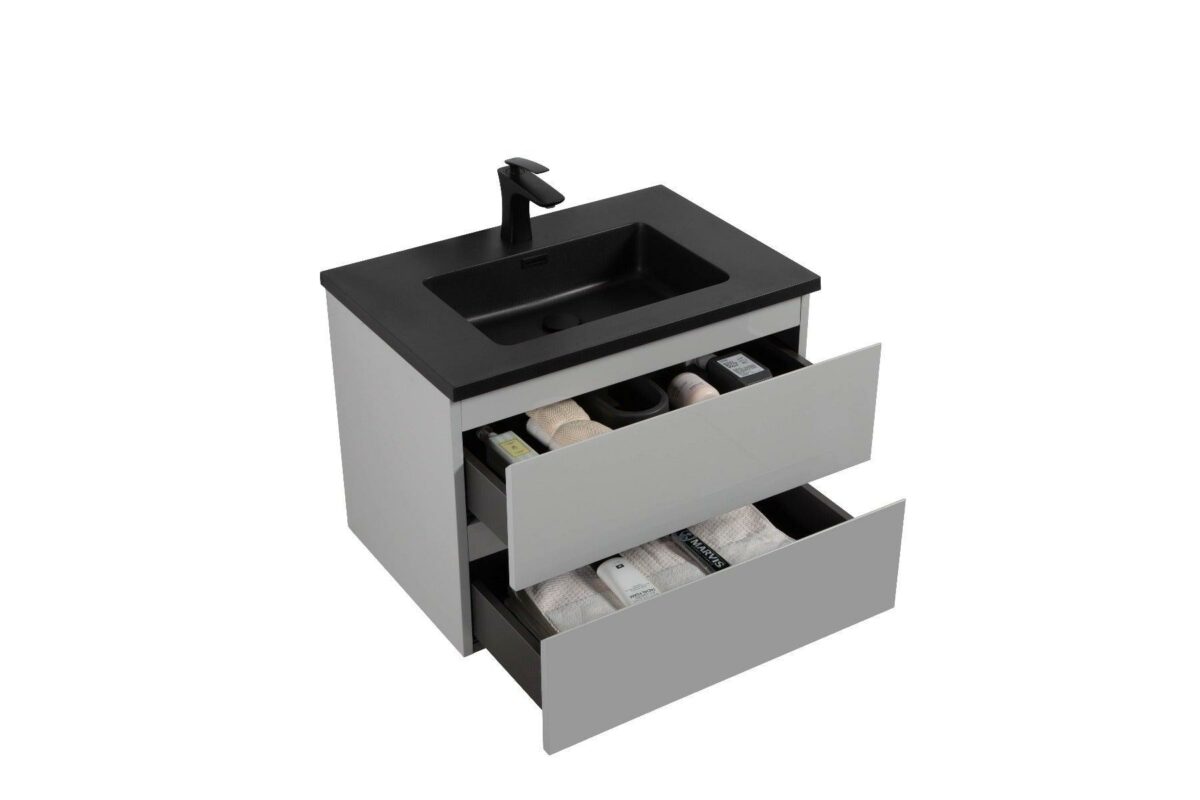 28" Grey Wall Mount Single Sink Bathroom Vanity with Black Engineered Quartz Countertop - Image 4