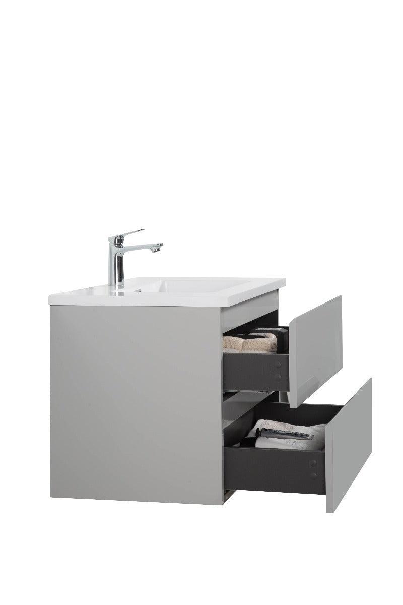 28" Grey Wall Mount Single Sink Bathroom Vanity with White Polymarble Countertop - Image 5