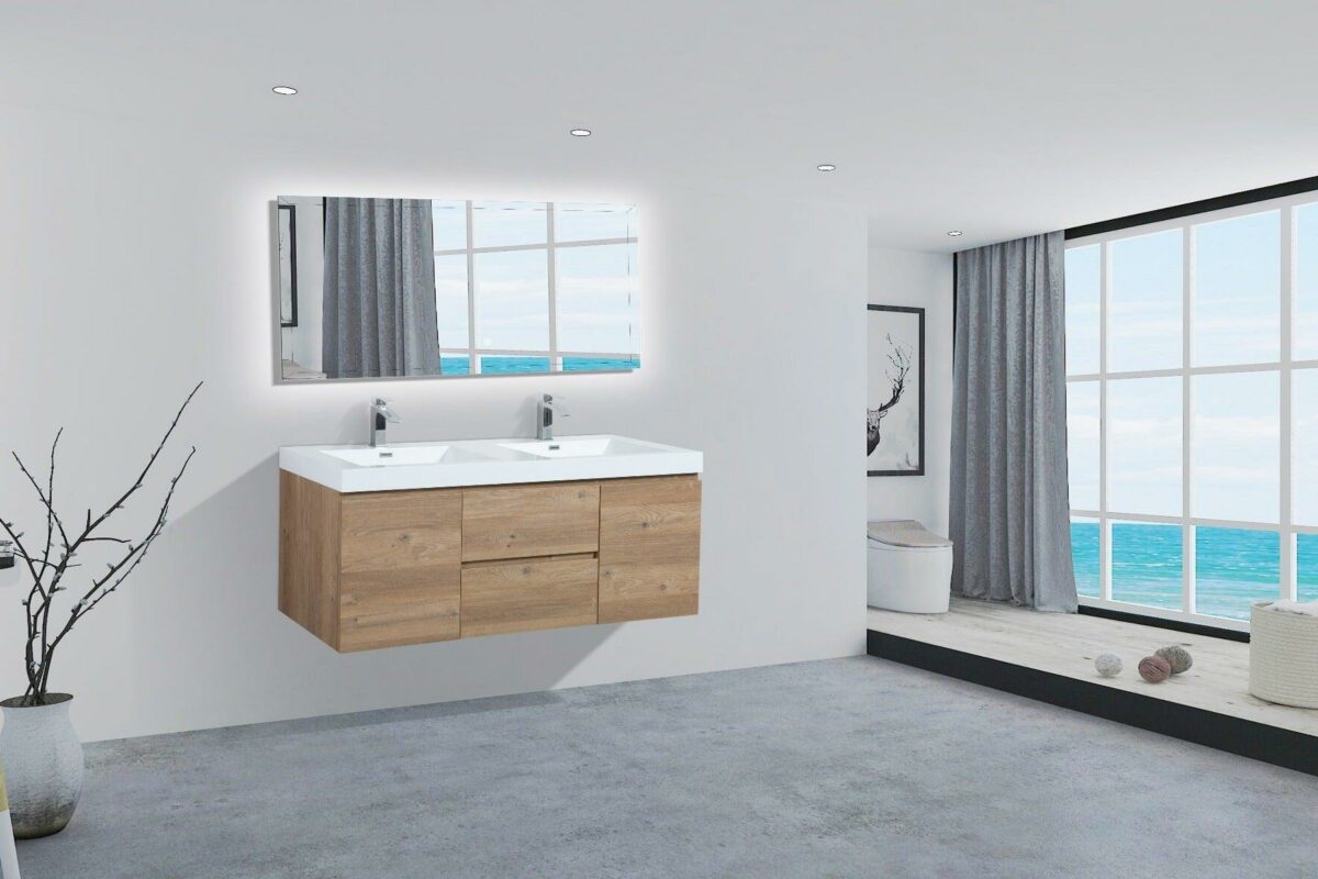60" Rough Oak Wall Mount Double Sink Bathroom Vanity with White Polymarble Countertop - Image 7