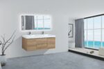 60" Rough Oak Wall Mount Double Sink Bathroom Vanity with White Polymarble Countertop - Image 7