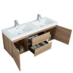 60" Rough Oak Wall Mount Double Sink Bathroom Vanity with White Polymarble Countertop - Image 4