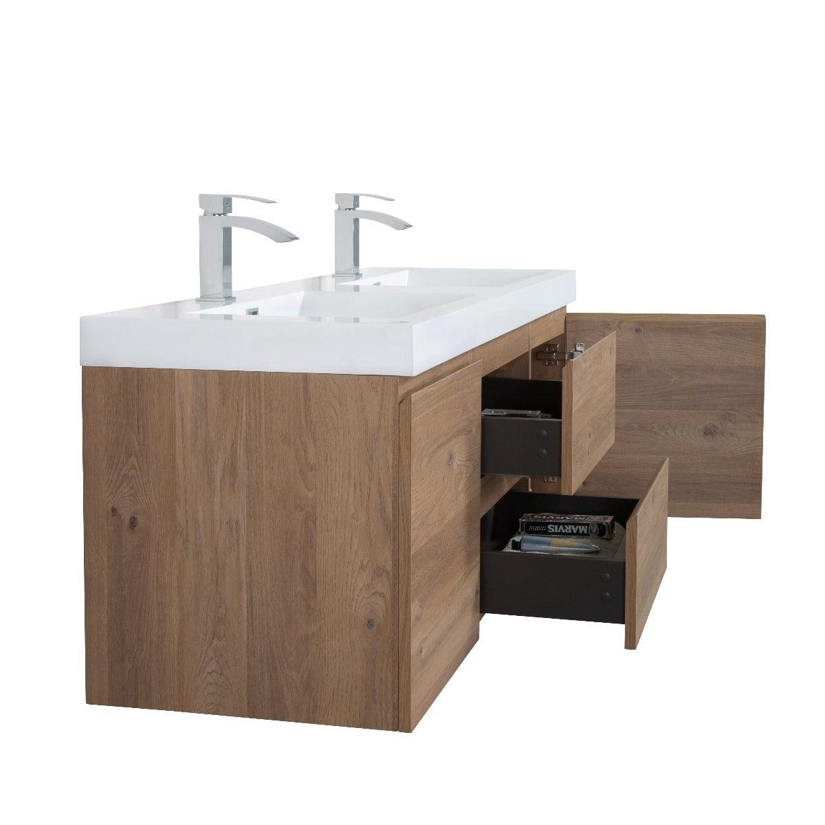 60" Rough Oak Wall Mount Double Sink Bathroom Vanity with White Polymarble Countertop – Image 5