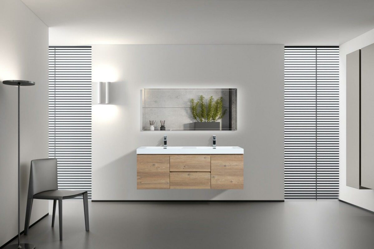 60" Rough Oak Wall Mount Double Sink Bathroom Vanity with White Polymarble Countertop - Image 6