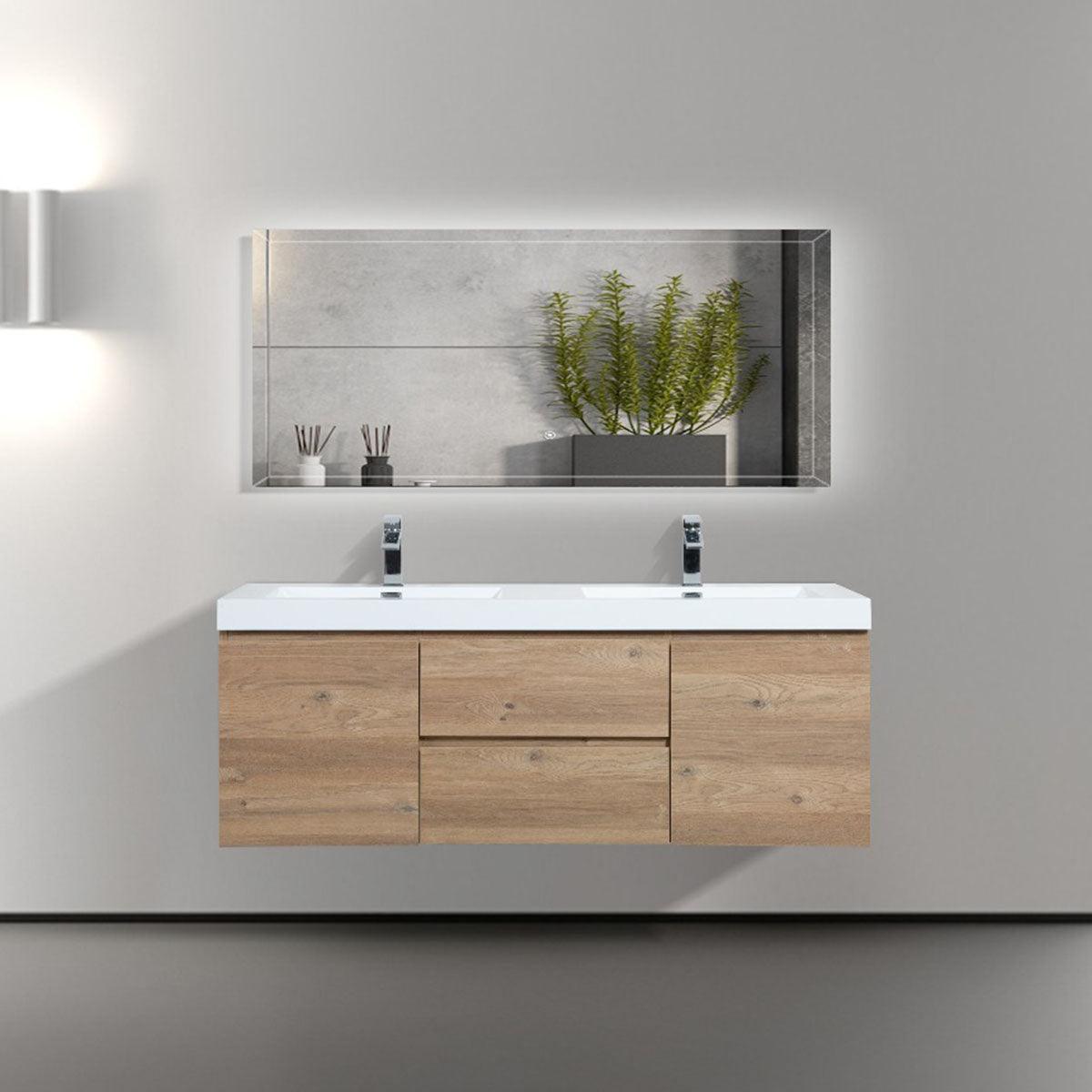 60" Rough Oak Wall Mount Double Sink Bathroom Vanity with White Polymarble Countertop – Image 1
