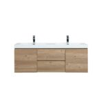60" Rough Oak Wall Mount Double Sink Bathroom Vanity with White Polymarble Countertop - Image 2