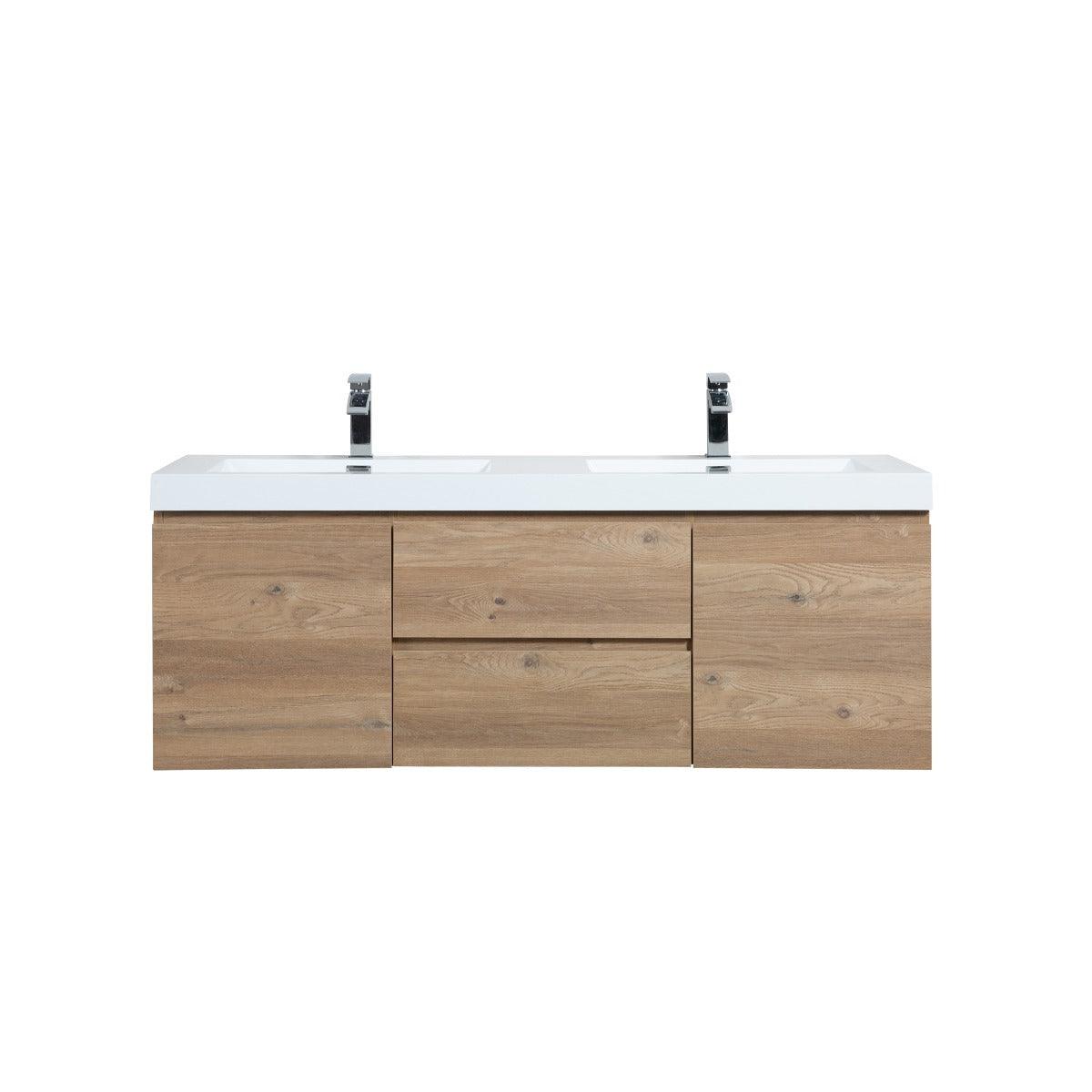 60" Rough Oak Wall Mount Double Sink Bathroom Vanity with White Polymarble Countertop – Image 2