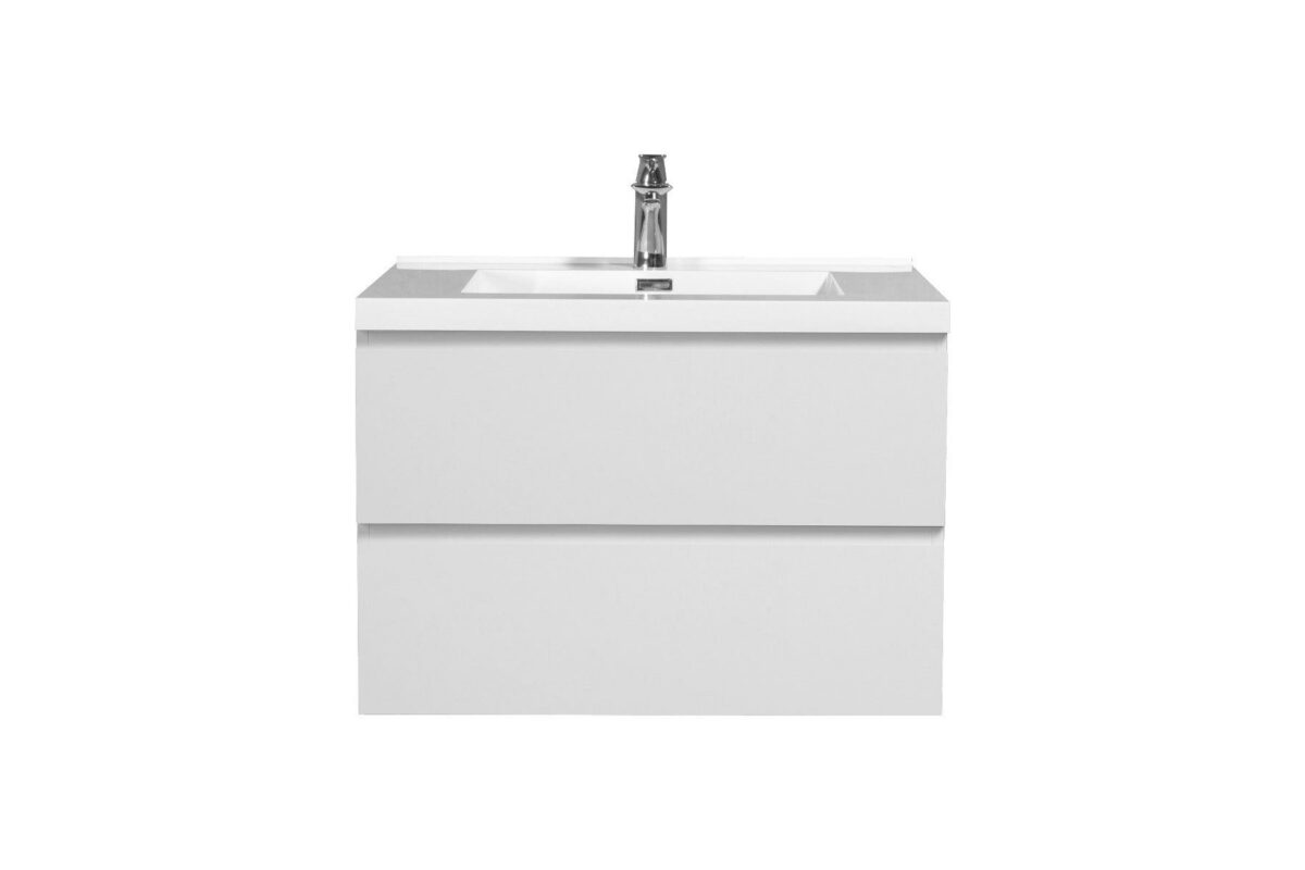 30" Glossy White Wall Mount Bathroom Vanity with White Polymarble Countertop - Image 3