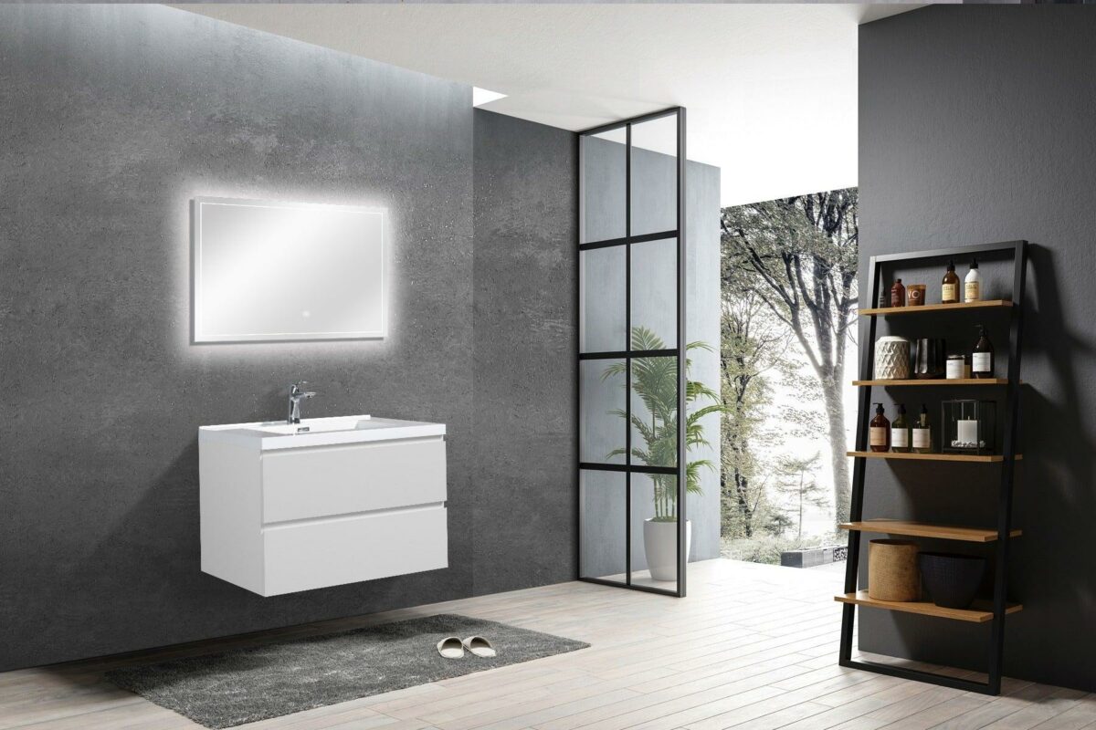 30" Glossy White Wall Mount Bathroom Vanity with White Polymarble Countertop - Image 4
