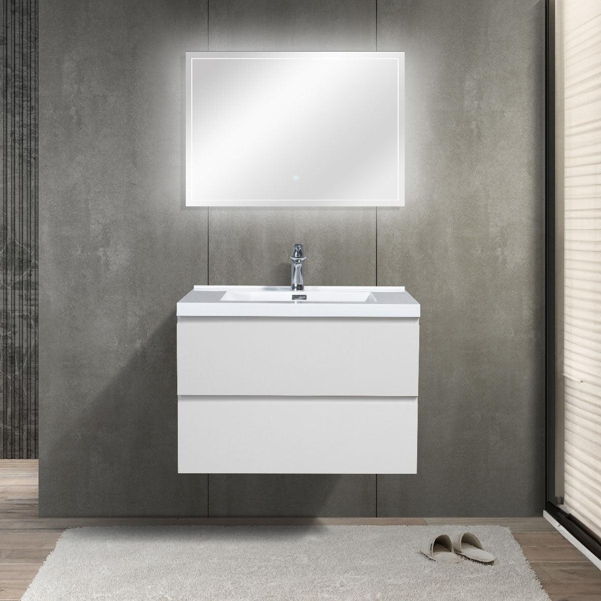 30" Glossy White Wall Mount Bathroom Vanity with White Polymarble Countertop - Image 1