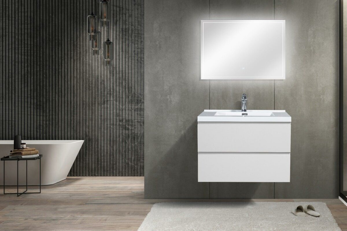 30" Glossy White Wall Mount Bathroom Vanity with White Polymarble Countertop - Image 5