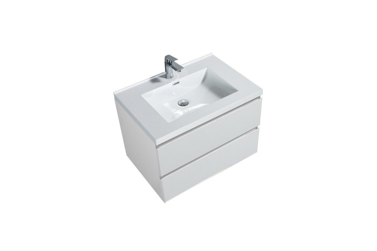 30" Glossy White Wall Mount Bathroom Vanity with White Polymarble Countertop - Image 2