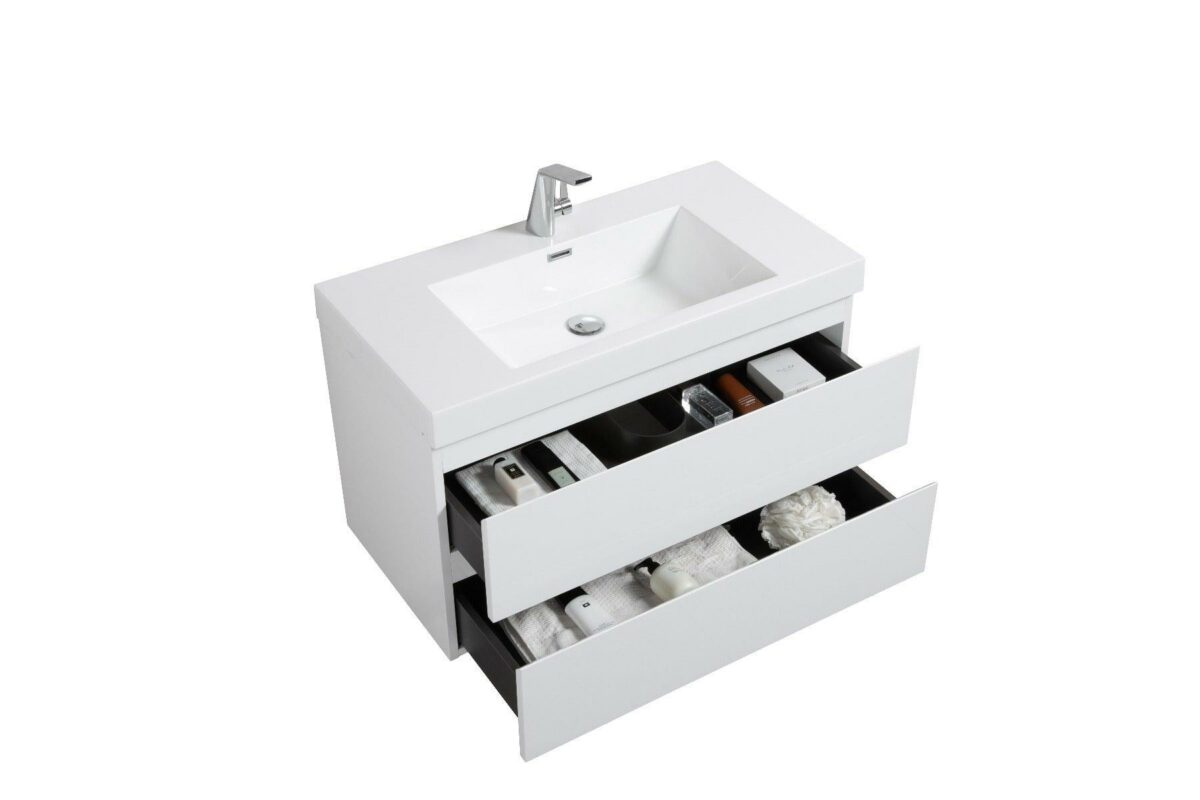 36" Glossy White Wall Mount Bathroom Vanity with White Polymarble Countertop - Image 5