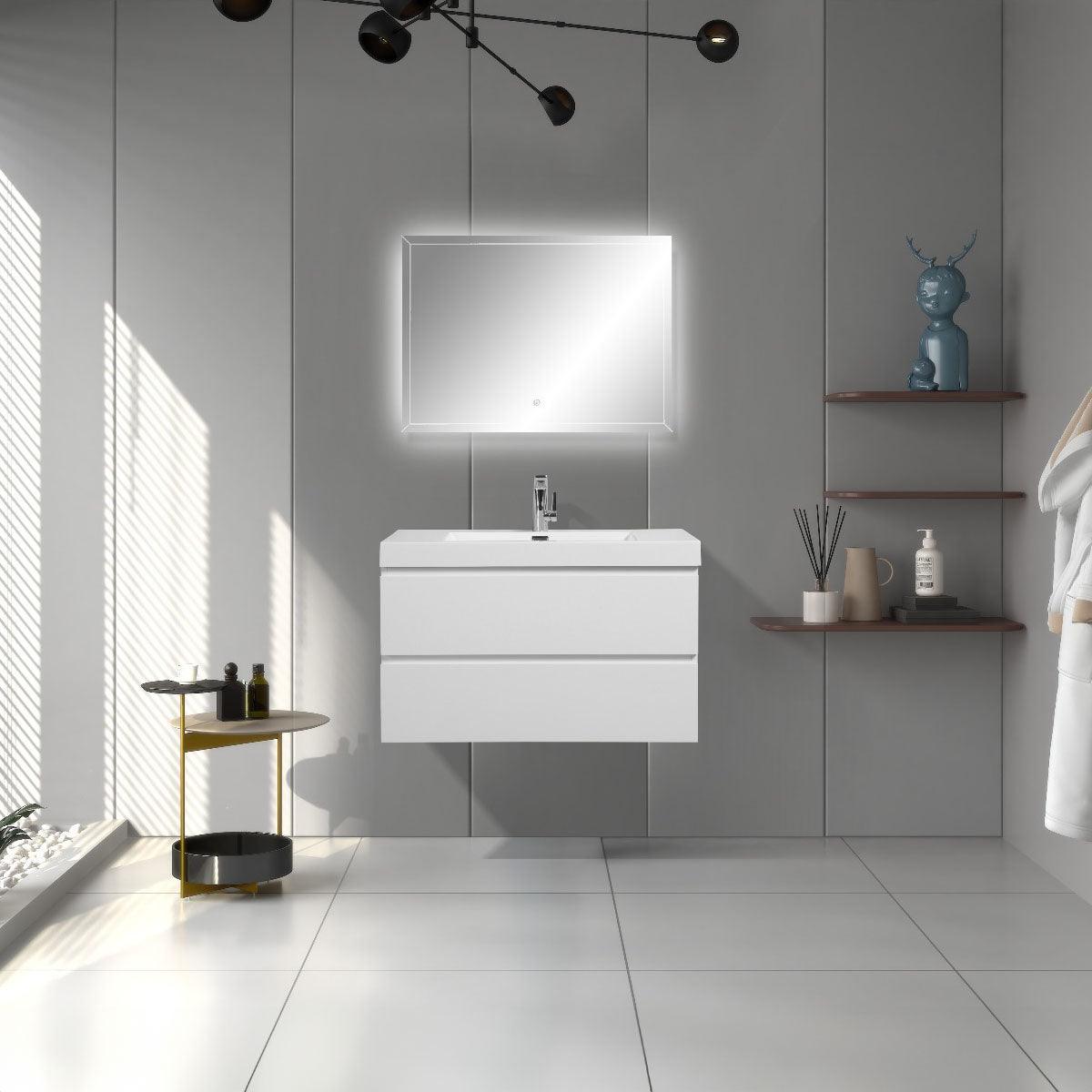 36" Glossy White Wall Mount Bathroom Vanity with White Polymarble Countertop - Image 1