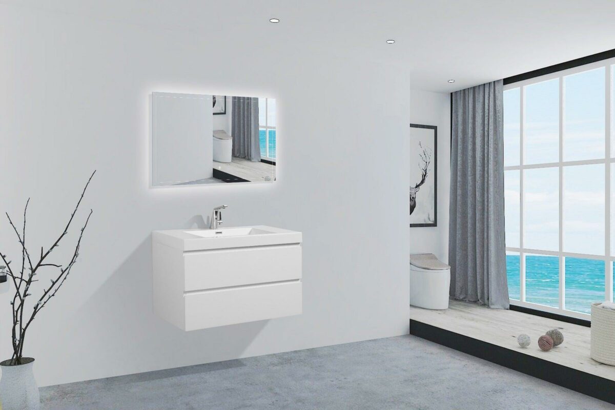 36" Glossy White Wall Mount Bathroom Vanity with White Polymarble Countertop - Image 9