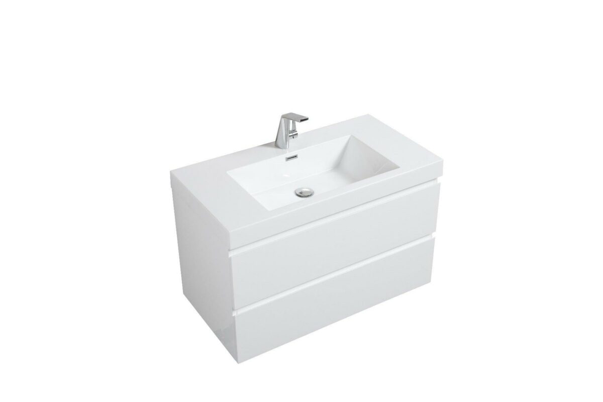 36" Glossy White Wall Mount Bathroom Vanity with White Polymarble Countertop - Image 3