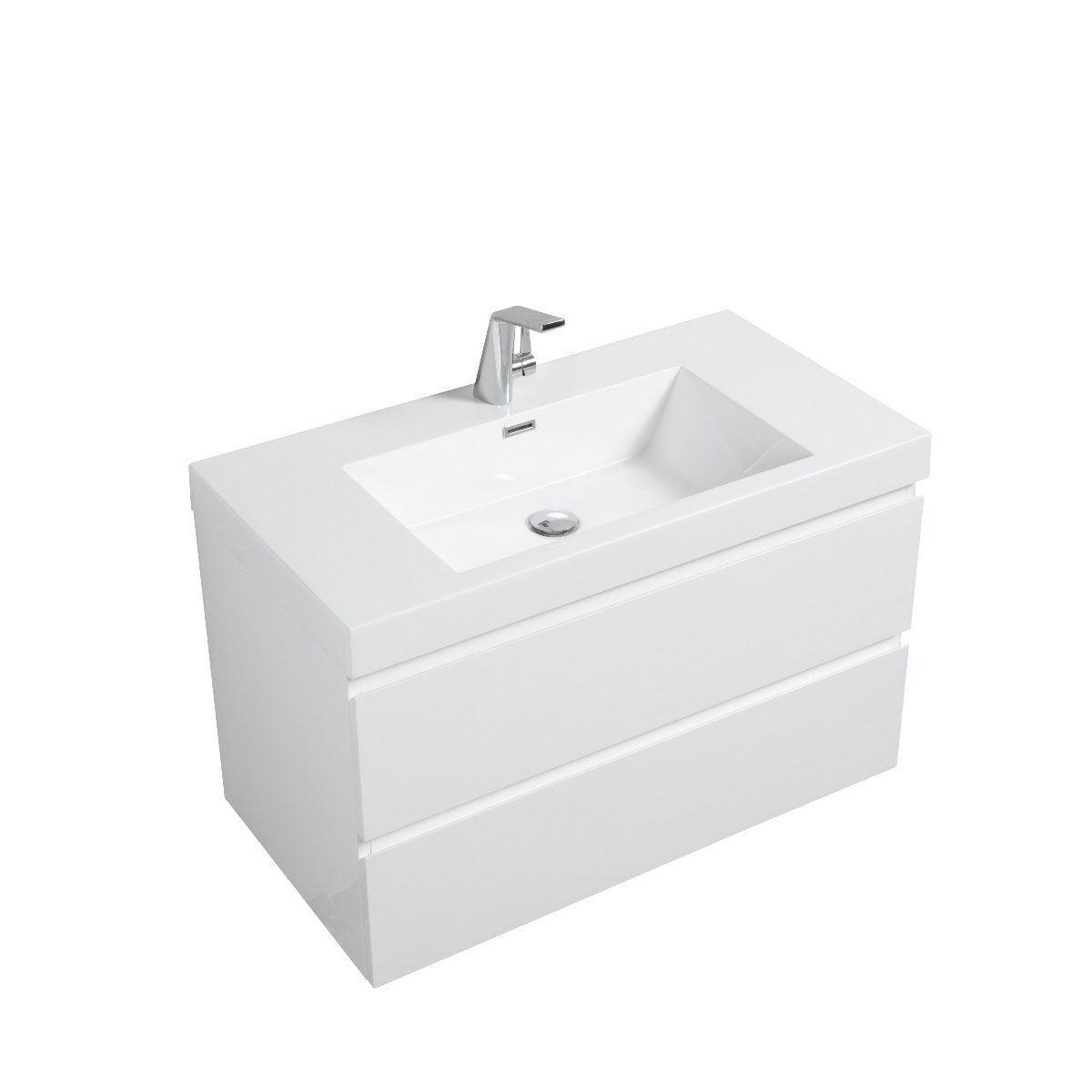 36" Glossy White Wall Mount Bathroom Vanity with White Polymarble Countertop – Image 2