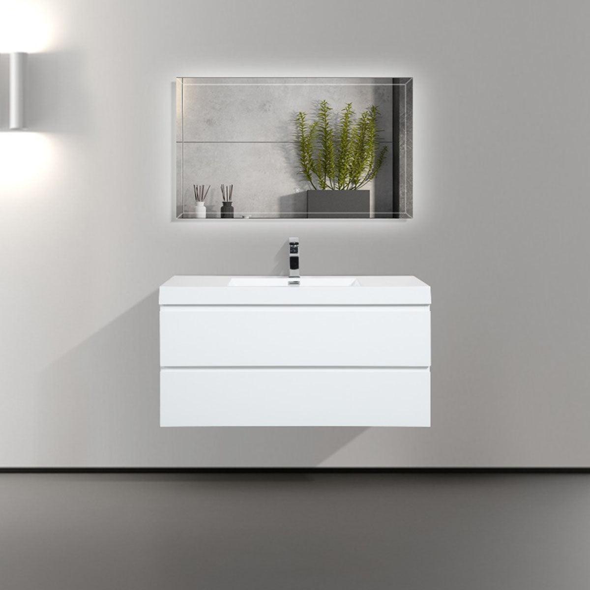 42" Glossy White Wall Mount Bathroom Vanity with White Polymarble Countertop - Image 1