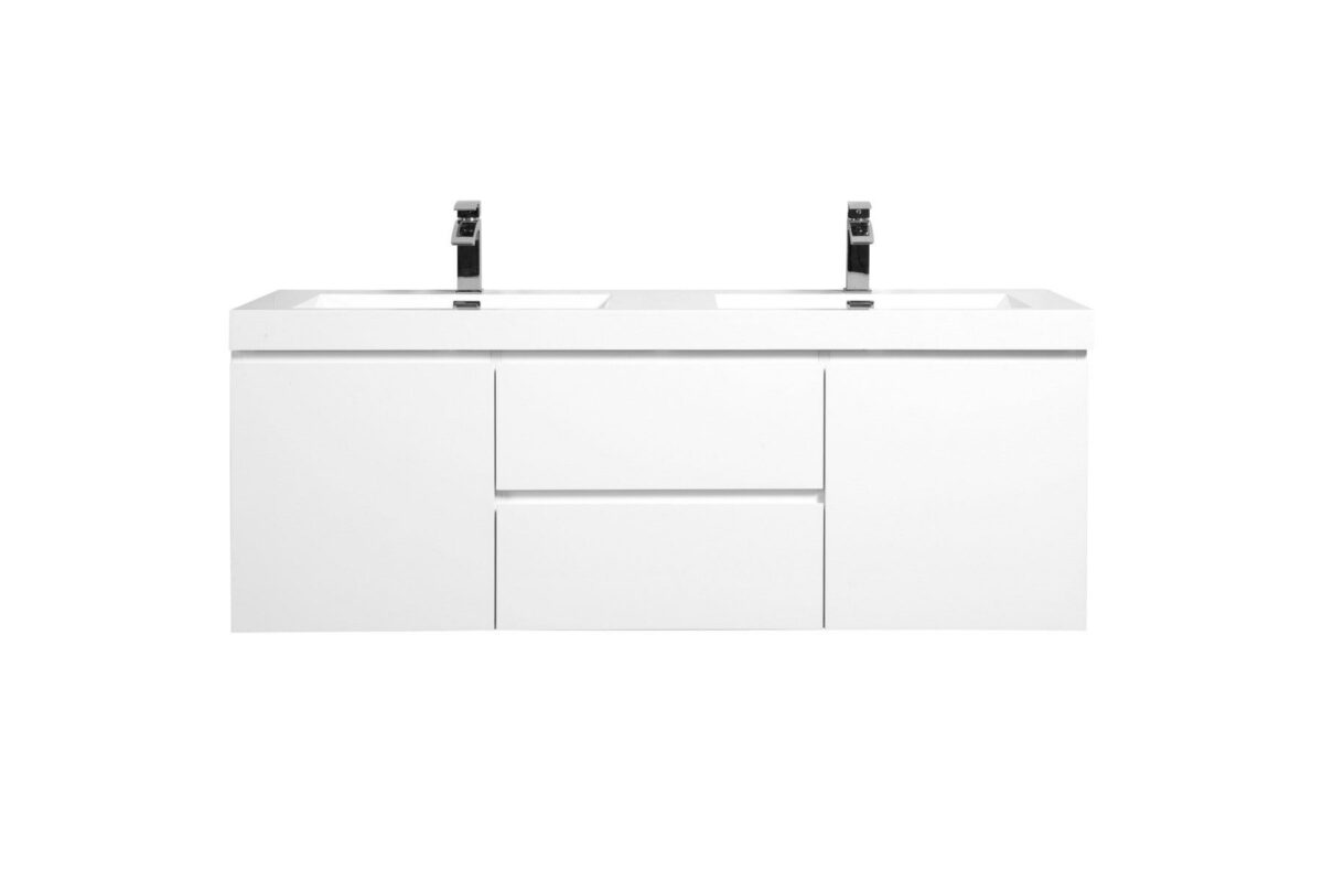 60" Glossy White Wall Mount Double Sink Bathroom Vanity with White Polymarble Countertop - Image 5