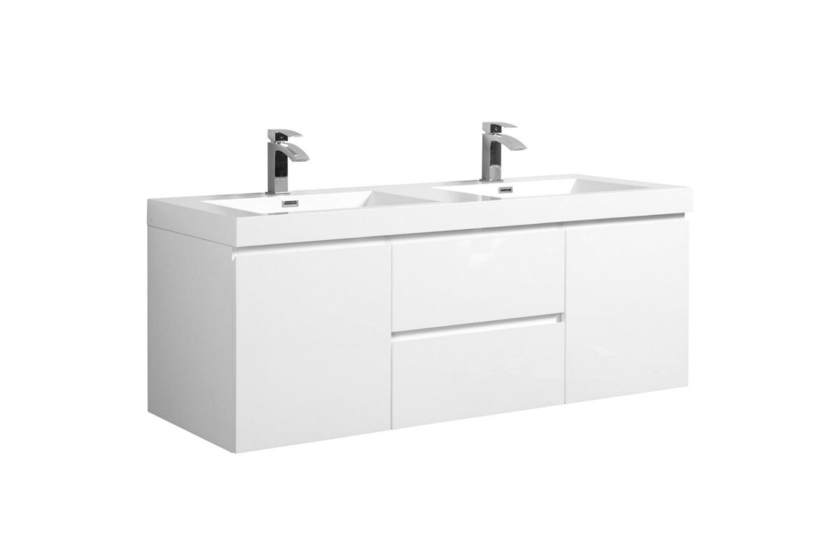 60" Glossy White Wall Mount Double Sink Bathroom Vanity with White Polymarble Countertop - Image 4