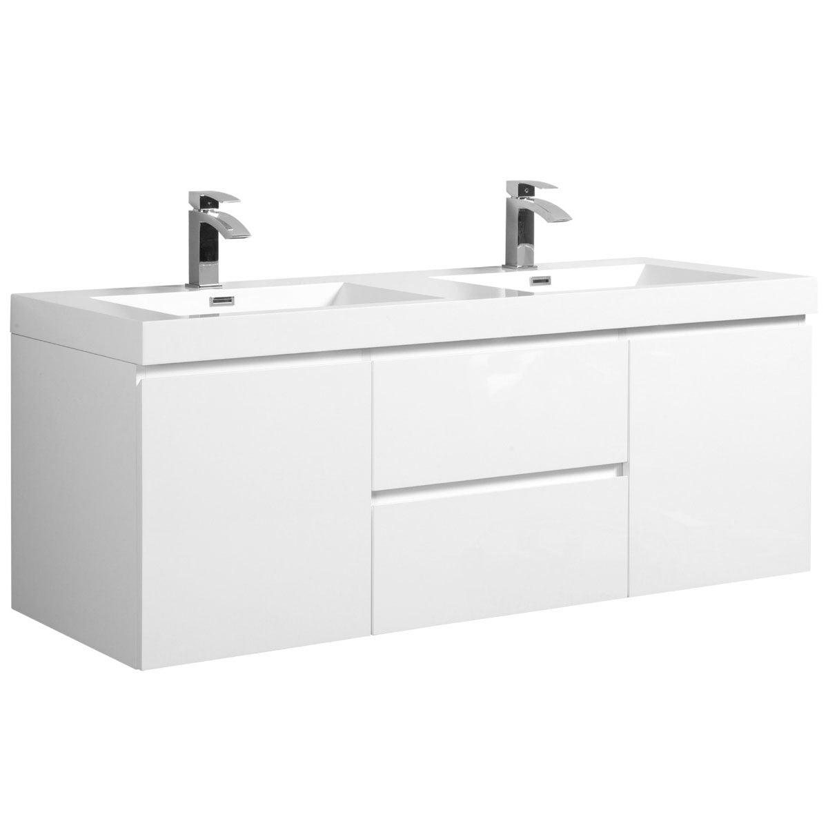 60" Glossy White Wall Mount Double Sink Bathroom Vanity with White Polymarble Countertop – Image 2