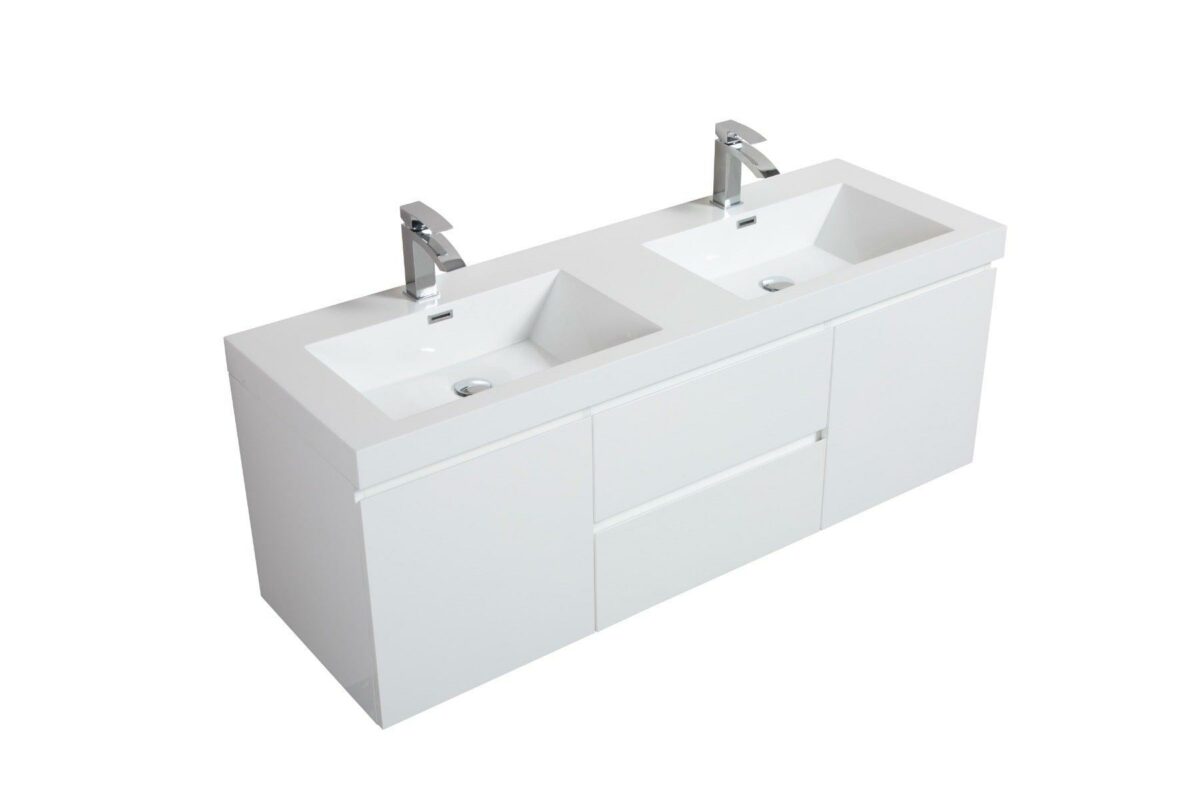 60" Glossy White Wall Mount Double Sink Bathroom Vanity with White Polymarble Countertop - Image 6