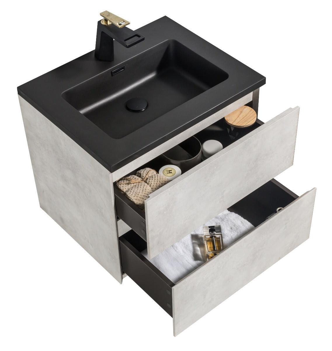 24" Grey Wall Mount Bathroom Vanity with Black Engineered Quartz Countertop – Image 6