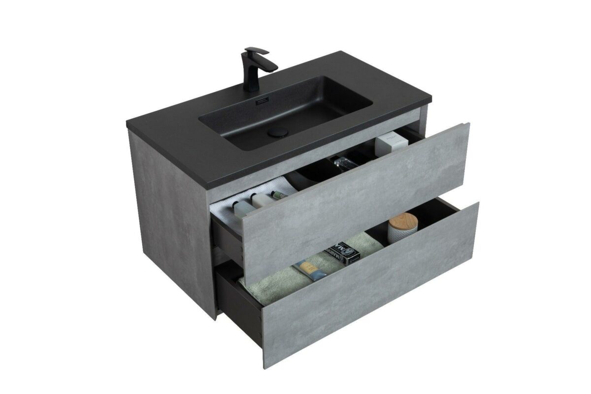 36" Charcoal Wall Mount Single Sink Bathroom Vanity with Black Engineered Quartz Countertop – Image 7