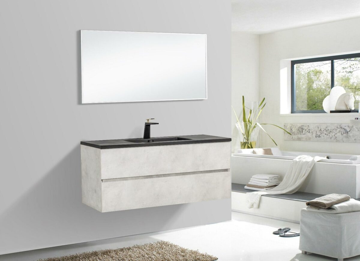 48" Grey Wall Mount Single Sink Bathroom Vanity with Black Engineered Quartz Countertop - Image 3